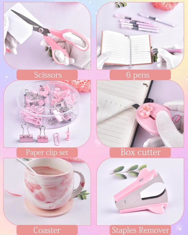 Alt view image 4 of 7 - Pink Desk Accessories and Organizers with Desk Organizer and 360°Rotating Pen Holder stapler Pen and a Lot of Office Pink Office Supplies Beautifully Presented in a Gift Box