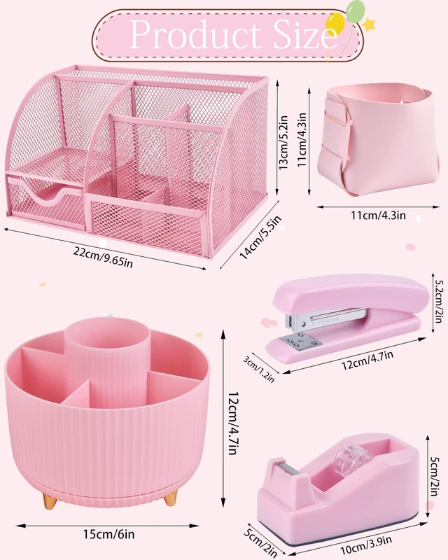 Alt view image 5 of 7 - Pink Desk Accessories and Organizers with Desk Organizer and 360°Rotating Pen Holder stapler Pen and a Lot of Office Pink Office Supplies Beautifully Presented in a Gift Box