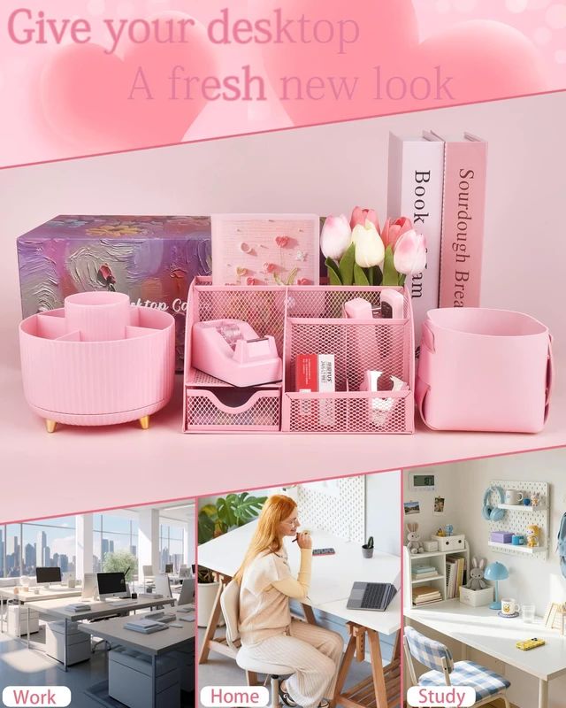 Alt view image 7 of 7 - Pink Desk Accessories and Organizers with Desk Organizer and 360°Rotating Pen Holder stapler Pen and a Lot of Office Pink Office Supplies Beautifully Presented in a Gift Box