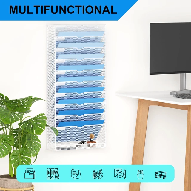 Alt view image 6 of 7 - Hanging Wall File Organizer 10 Tier Wall Mounted File Holder Document Wall Organizer Magazine Organization for Office Home, White