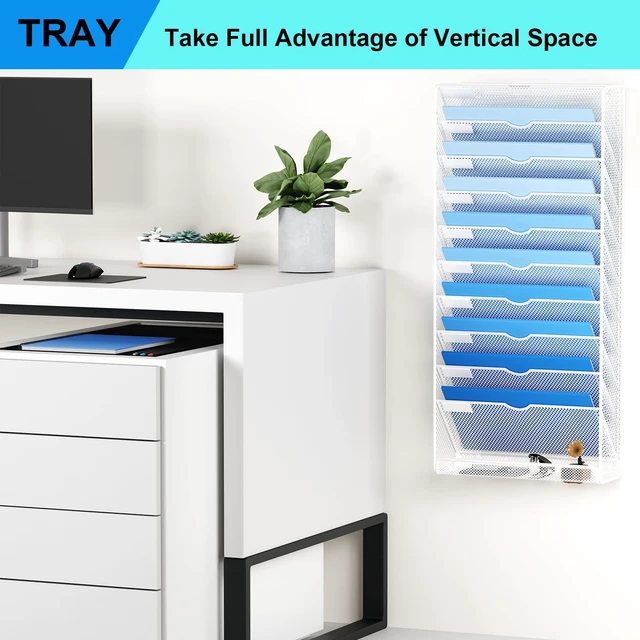 Alt view image 7 of 7 - Hanging Wall File Organizer 10 Tier Wall Mounted File Holder Document Wall Organizer Magazine Organization for Office Home, White