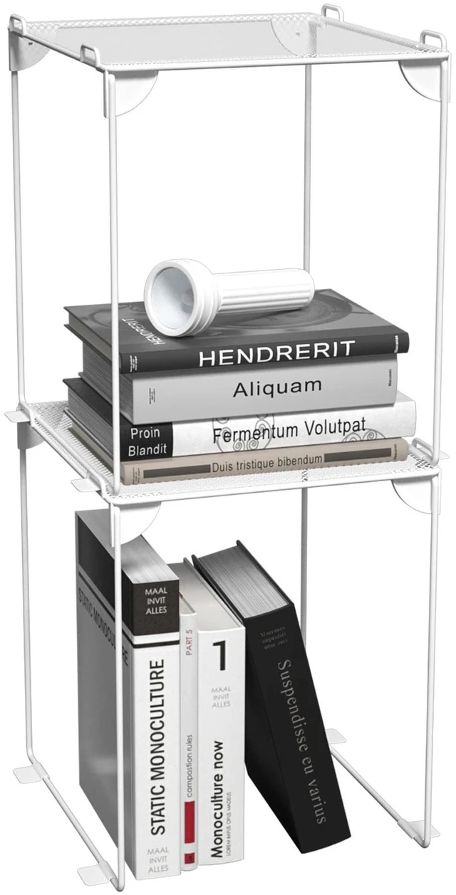 Main image of Locker Shelf 2 Pack - Organizer for School Gym Office - White 12 Stackable, Extra Tall, Collapsible, Metal Mesh Build, Fits Standard Size