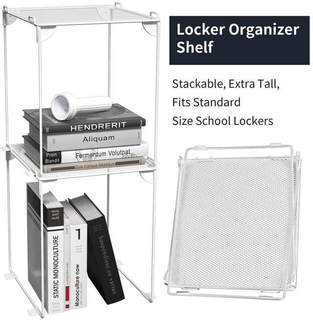 Alt view image 5 of 7 - Locker Shelf 2 Pack - Organizer for School Gym Office - White 12 Stackable, Extra Tall, Collapsible, Metal Mesh Build, Fits Standard Size