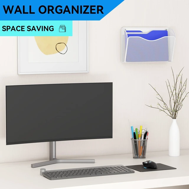 Alt view image 2 of 7 - 6 Single Pocket Wall File Holder, Mesh Hanging File Folder Paper Organizer, Vertical Wall Mounted Mail Basket, Storage Organization Magazine Rack for Office, Home and School, White
