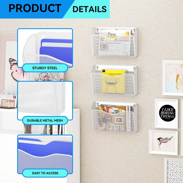 Alt view image 4 of 7 - 6 Single Pocket Wall File Holder, Mesh Hanging File Folder Paper Organizer, Vertical Wall Mounted Mail Basket, Storage Organization Magazine Rack for Office, Home and School, White