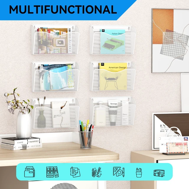 Alt view image 6 of 7 - 6 Single Pocket Wall File Holder, Mesh Hanging File Folder Paper Organizer, Vertical Wall Mounted Mail Basket, Storage Organization Magazine Rack for Office, Home and School, White