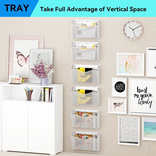 Alt view image 7 of 7 - 6 Single Pocket Wall File Holder, Mesh Hanging File Folder Paper Organizer, Vertical Wall Mounted Mail Basket, Storage Organization Magazine Rack for Office, Home and School, White