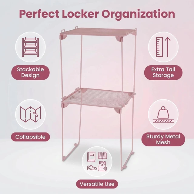 Alt view image 7 of 7 - Neudeoc Locker Organizer Kit with Mesh Locker Shelf and Magnetic Pen Holders, 4-Piece Locker Accessories Set for School, Work & Gym, Foldable Stackable Metal Shelf, Fits Standard Lockers, Pink