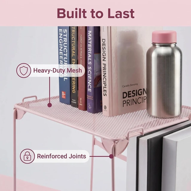 Alt view image 5 of 7 - Pack 2, Mesh Locker Shelf, Stackable Extra Tall Locker Organizer, Collapsible and Metal Build, Fits Standard Size School Locker, Suitable for Work, Kitchen, Bathroom (Pink)