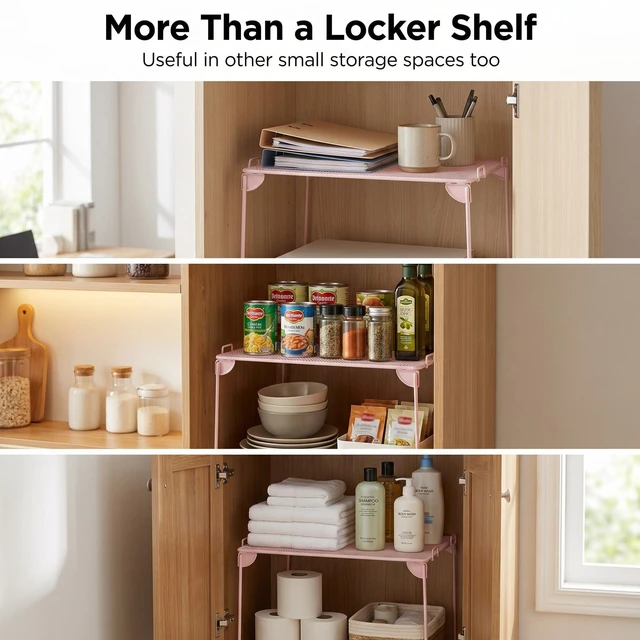 Alt view image 7 of 7 - Pack 2, Mesh Locker Shelf, Stackable Extra Tall Locker Organizer, Collapsible and Metal Build, Fits Standard Size School Locker, Suitable for Work, Kitchen, Bathroom (Pink)