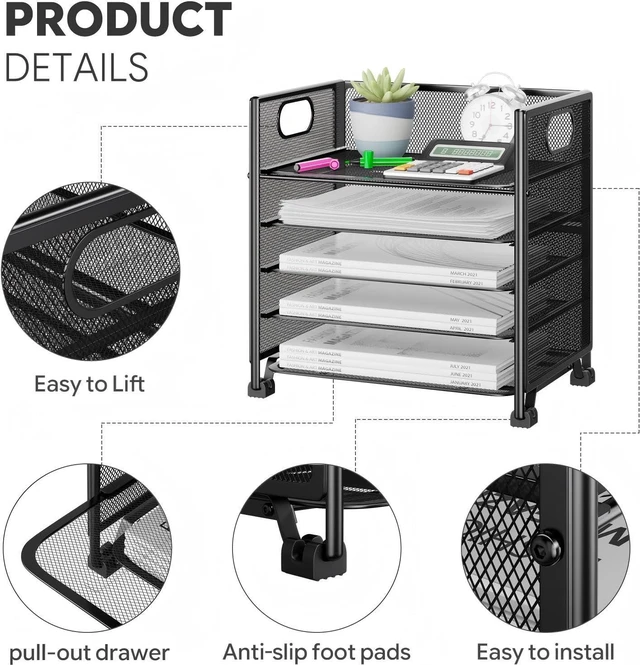Alt view image 4 of 7 - 5-Tier Paper Tray Organizer, File Organizer for Desk, Black Letter Tray Holder with Handle. Sturdy Metal Frame. Non-slip Feet. Black for Office Home School. 13"L x 9"W x 13"H