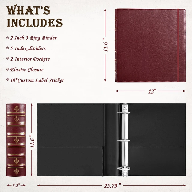 Alt view image 3 of 7 - Vintage 3 Ring Binder 2 Inch,Leather D Ring Binder with Pockets and 5 Tab Dividers, Hardback Book Style Document Organizer Fits Letter Size for Home and Office Burgundy