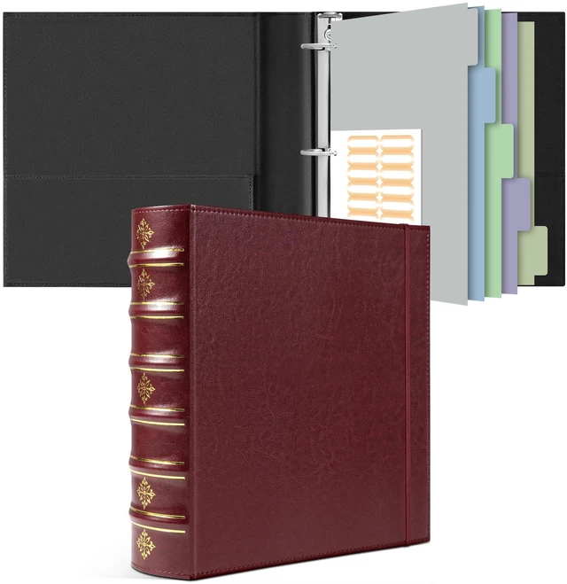 Main image of Vintage 3 Ring Binder 2 Inch,Leather D Ring Binder with Pockets and 5 Tab Dividers, Hardback Book Style Document Organizer Fits Letter Size for Home and Office Burgundy