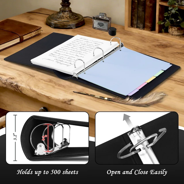 Alt view image 2 of 7 - Vintage Leather 3 Ring Binder 2 Inch, D Ring Binder with Pockets and 5 Tab Dividers, Hardback Book Style Document Organizer Fits Letter Size for Home and Office Black