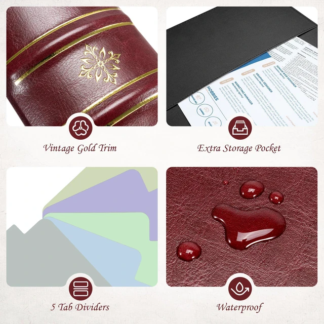 Alt view image 5 of 7 - Vintage 3 Ring Binder 2 Inch,Leather D Ring Binder with Pockets and 5 Tab Dividers, Hardback Book Style Document Organizer Fits Letter Size for Home and Office Burgundy