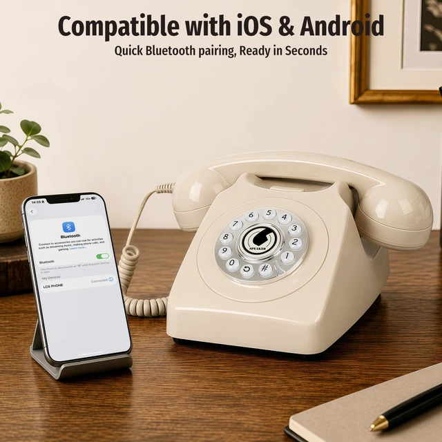 Alt view image 2 of 7 - Bluetooth Landline Phone with Handset and Speakerphone, Retro Bluetooth Home Phone, Classic Bluetooth Desk Phone, Cordless Bluetooth Telephone with USB Rechargeable