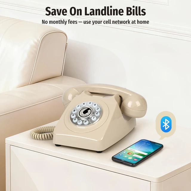 Alt view image 5 of 7 - Bluetooth Landline Phone with Handset and Speakerphone, Retro Bluetooth Home Phone, Classic Bluetooth Desk Phone, Cordless Bluetooth Telephone with USB Rechargeable