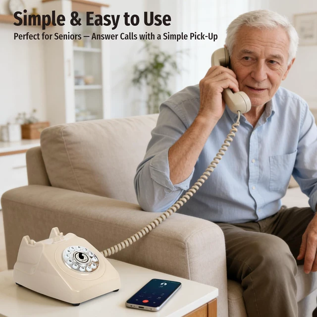 Alt view image 6 of 7 - Bluetooth Landline Phone with Handset and Speakerphone, Retro Bluetooth Home Phone, Classic Bluetooth Desk Phone, Cordless Bluetooth Telephone with USB Rechargeable