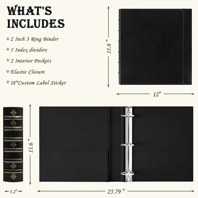 Alt view image 4 of 7 - Vintage Leather 3 Ring Binder 2 Inch, D Ring Binder with Pockets and 5 Tab Dividers, Hardback Book Style Document Organizer Fits Letter Size for Home and Office Black