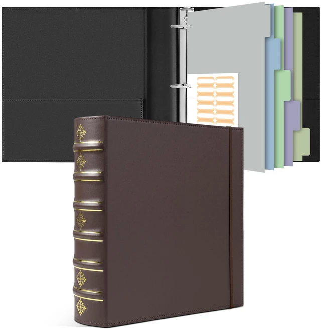 Main image of Vintage 3 Ring Binder 2 Inch, Leather D Ring Binder with Pockets and 5 Tab Dividers, Hardback Book Style Document Organizer Fits Letter Size for Home and Office Brown