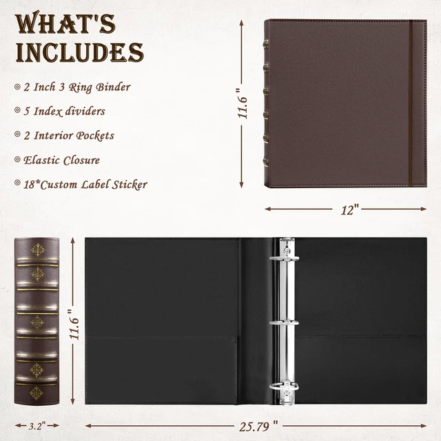 Alt view image 3 of 7 - Vintage 3 Ring Binder 2 Inch, Leather D Ring Binder with Pockets and 5 Tab Dividers, Hardback Book Style Document Organizer Fits Letter Size for Home and Office Brown