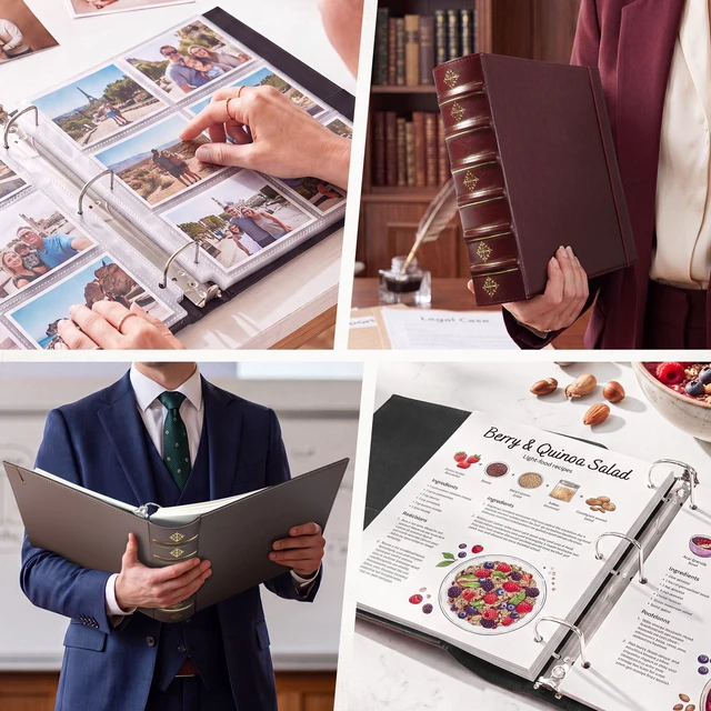 Alt view image 7 of 7 - Vintage 3 Ring Binder 2 Inch,Leather D Ring Binder with Pockets and 5 Tab Dividers, Hardback Book Style Document Organizer Fits Letter Size for Home and Office Burgundy