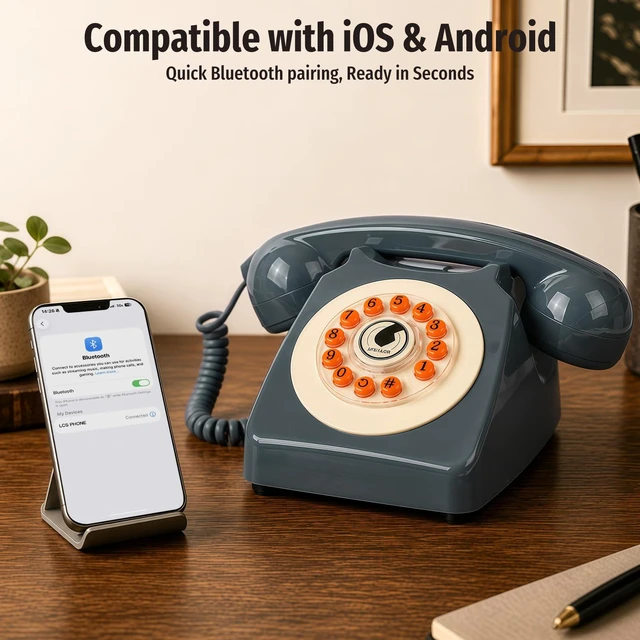 Alt view image 3 of 7 - Bluetooth Landline Phone with Handset and Speakerphone, Retro Bluetooth Home Phone, Classic Bluetooth Desk Phone, Cordless Bluetooth Telephone with USB Rechargeable
