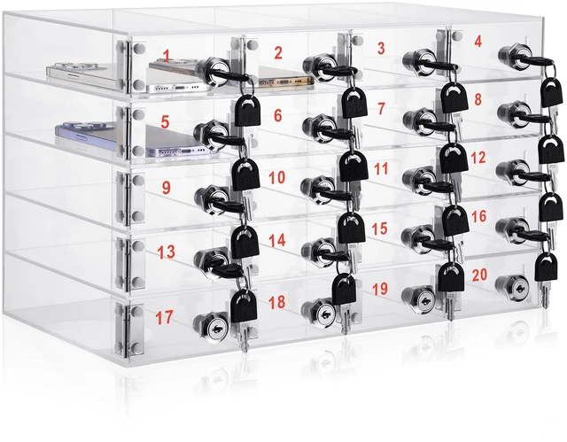 Main image of Cell Phone Locker Box for Classroom, Back to School, Clear, 20 Slots Clear Acrylic Cell Phone Storage Cabinet Bin with Door Locks for Classroom School Students Office Factory Employees