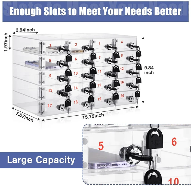 Alt view image 3 of 6 - Cell Phone Locker Box for Classroom, Back to School, Clear, 20 Slots Clear Acrylic Cell Phone Storage Cabinet Bin with Door Locks for Classroom School Students Office Factory Employees
