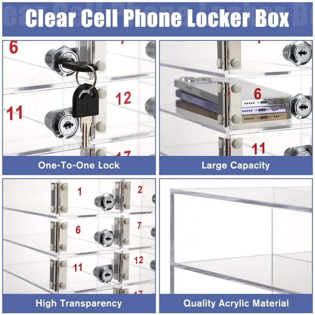 Alt view image 4 of 6 - Cell Phone Locker Box for Classroom, Back to School, Clear, 20 Slots Clear Acrylic Cell Phone Storage Cabinet Bin with Door Locks for Classroom School Students Office Factory Employees
