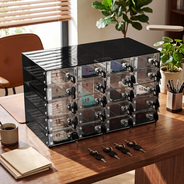 Alt view image 2 of 7 - Cell Phone Locker Box for Classroom, Back to School, Black, 20 Slots Clear Acrylic Cell Phone Storage Cabinet Bin with Door Locks for Classroom School Students Office Factory Employees