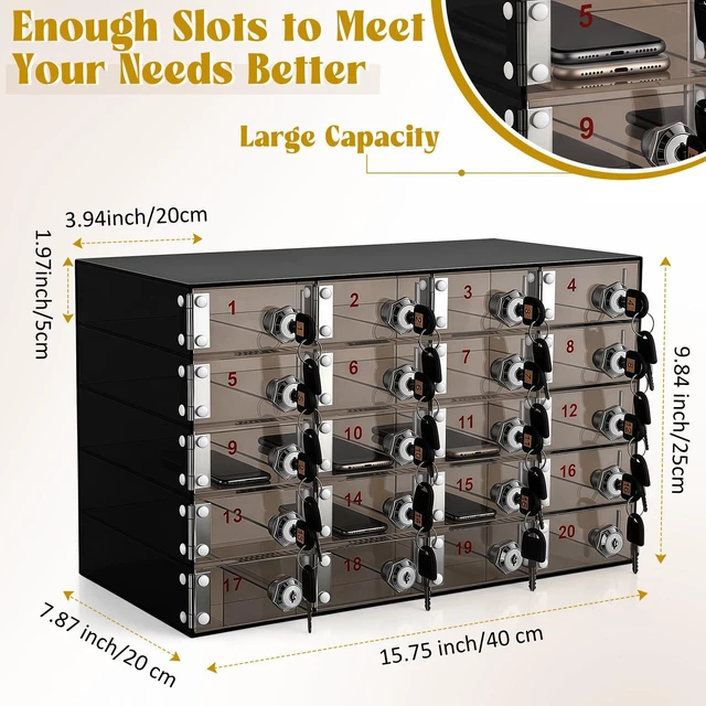 Alt view image 3 of 7 - Cell Phone Locker Box for Classroom, Back to School, Black, 20 Slots Clear Acrylic Cell Phone Storage Cabinet Bin with Door Locks for Classroom School Students Office Factory Employees