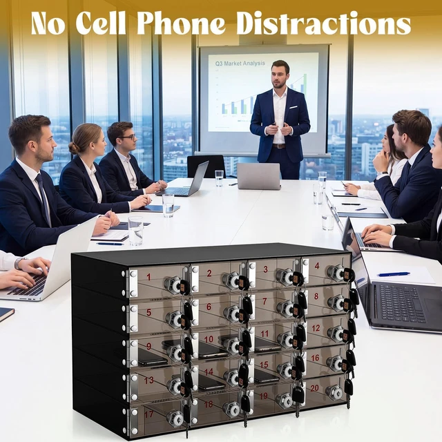 Alt view image 5 of 7 - Cell Phone Locker Box for Classroom, Back to School, Black, 20 Slots Clear Acrylic Cell Phone Storage Cabinet Bin with Door Locks for Classroom School Students Office Factory Employees