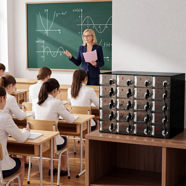 Alt view image 6 of 7 - Cell Phone Locker Box for Classroom, Back to School, Black, 20 Slots Clear Acrylic Cell Phone Storage Cabinet Bin with Door Locks for Classroom School Students Office Factory Employees