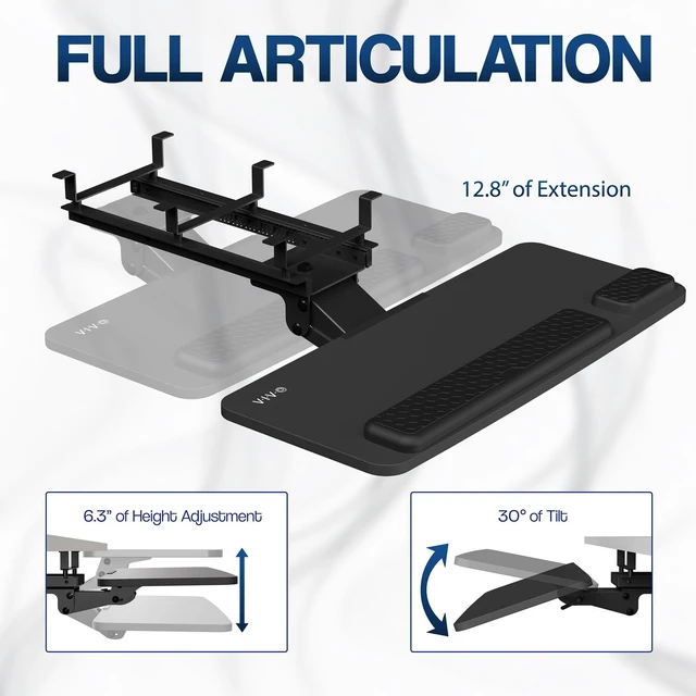 Alt view image 3 of 7 - Premium Black Under Desk 27 x 11 in Keyboard Tray, MOUNT-KB27P-B Deluxe Adjustable Computer Keyboard & Mouse Platform Tray, Ergonomic Under Table Desk Mount Drawer with Padding