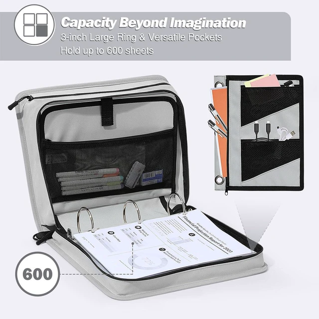 Alt view image 2 of 7 - Zipper Binder with Strap, 3 Inch 3 O Ring, 600 Sheets, Black & Gray Water-repellent Oxford fabric with 2 folders, removable file pockets, reinforced handle and adjustable shoulder strap