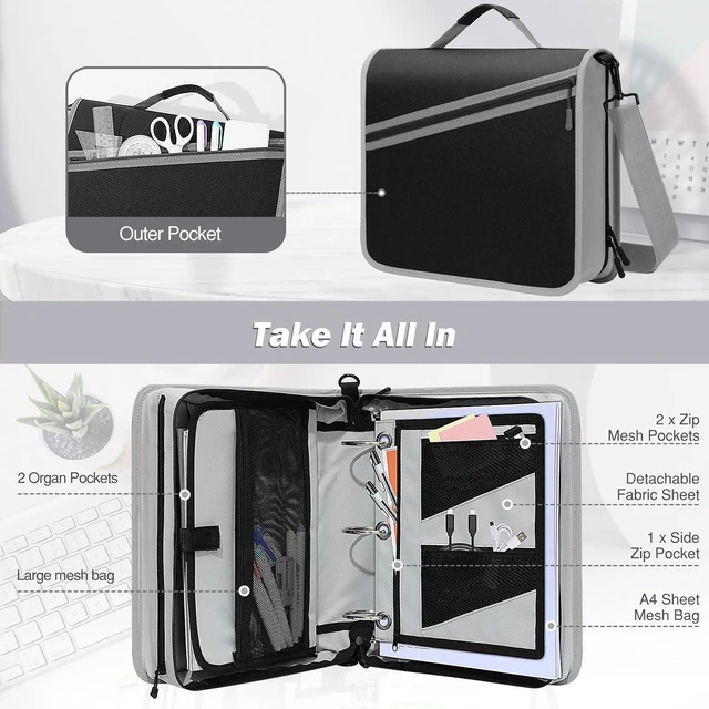 Alt view image 3 of 7 - Zipper Binder with Strap, 3 Inch 3 O Ring, 600 Sheets, Black & Gray Water-repellent Oxford fabric with 2 folders, removable file pockets, reinforced handle and adjustable shoulder strap