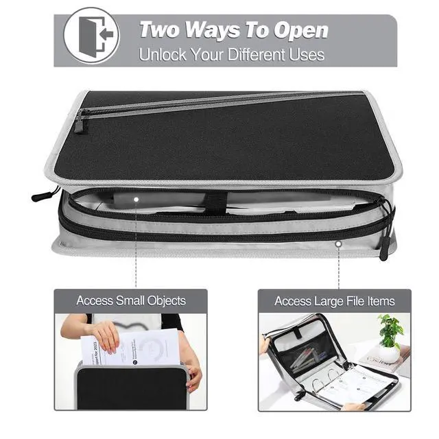 Alt view image 4 of 7 - Zipper Binder with Strap, 3 Inch 3 O Ring, 600 Sheets, Black & Gray Water-repellent Oxford fabric with 2 folders, removable file pockets, reinforced handle and adjustable shoulder strap