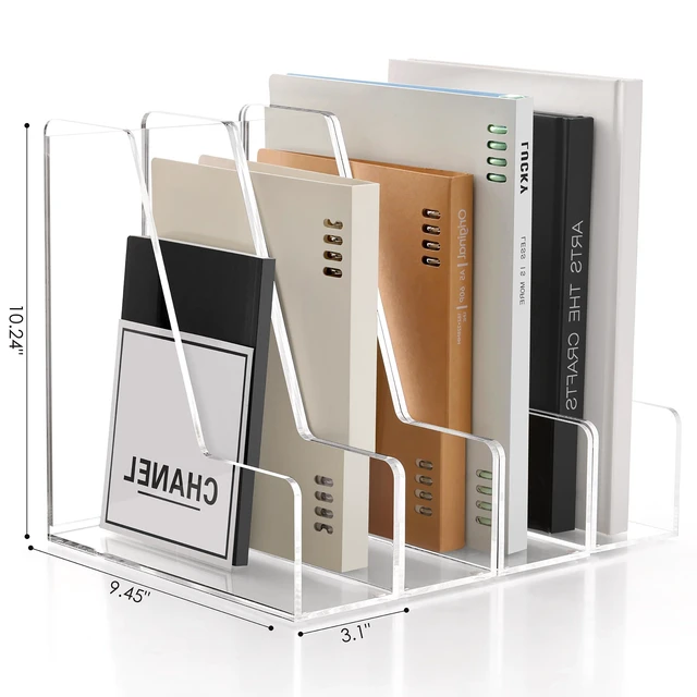 Alt view image 2 of 7 - 4 Pack Vertical File Holder, Acrylic Desk Organizer Magazine File Sorter for Magazines, Binders, Notebooks, Envelopes, Multi-purpose Clear Document Organizer Rack