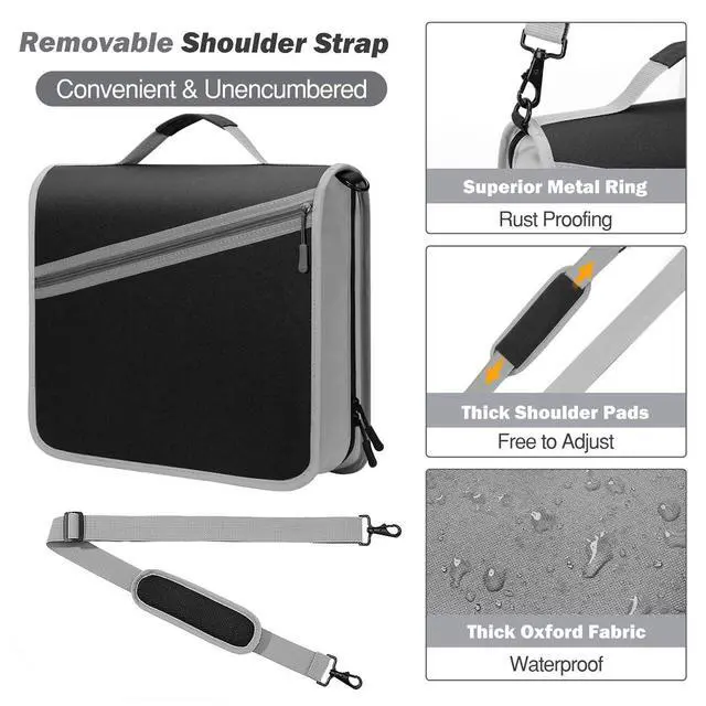 Alt view image 5 of 7 - Zipper Binder with Strap, 3 Inch 3 O Ring, 600 Sheets, Black & Gray Water-repellent Oxford fabric with 2 folders, removable file pockets, reinforced handle and adjustable shoulder strap