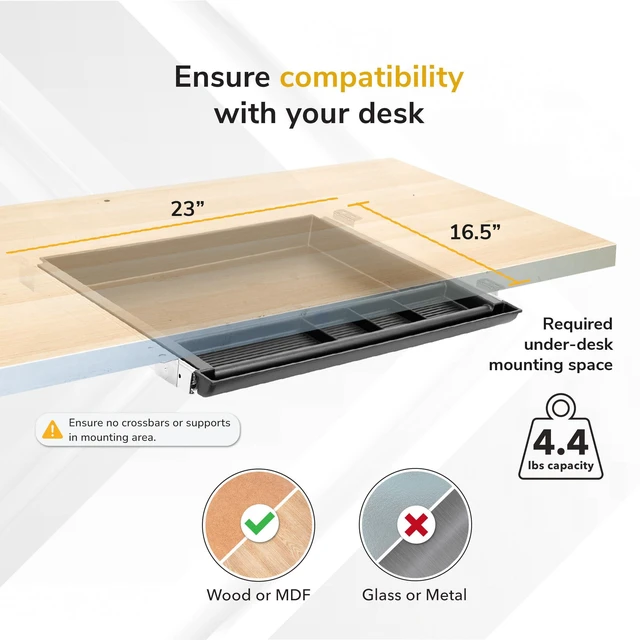 Alt view image 7 of 7 - Large Under Desk Pencil Drawer, 21.25 W, Ball Bearing Slide-Out Under desk drawer organizer for Office Supplies, Paper & Pencils, Fits Desks Over 1 Thick, Adjustable Extension 16.2528