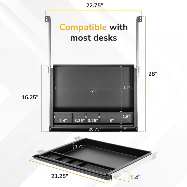 Alt view image 6 of 7 - Large Under Desk Pencil Drawer, 21.25 W, Ball Bearing Slide-Out Under desk drawer organizer for Office Supplies, Paper & Pencils, Fits Desks Over 1 Thick, Adjustable Extension 16.2528