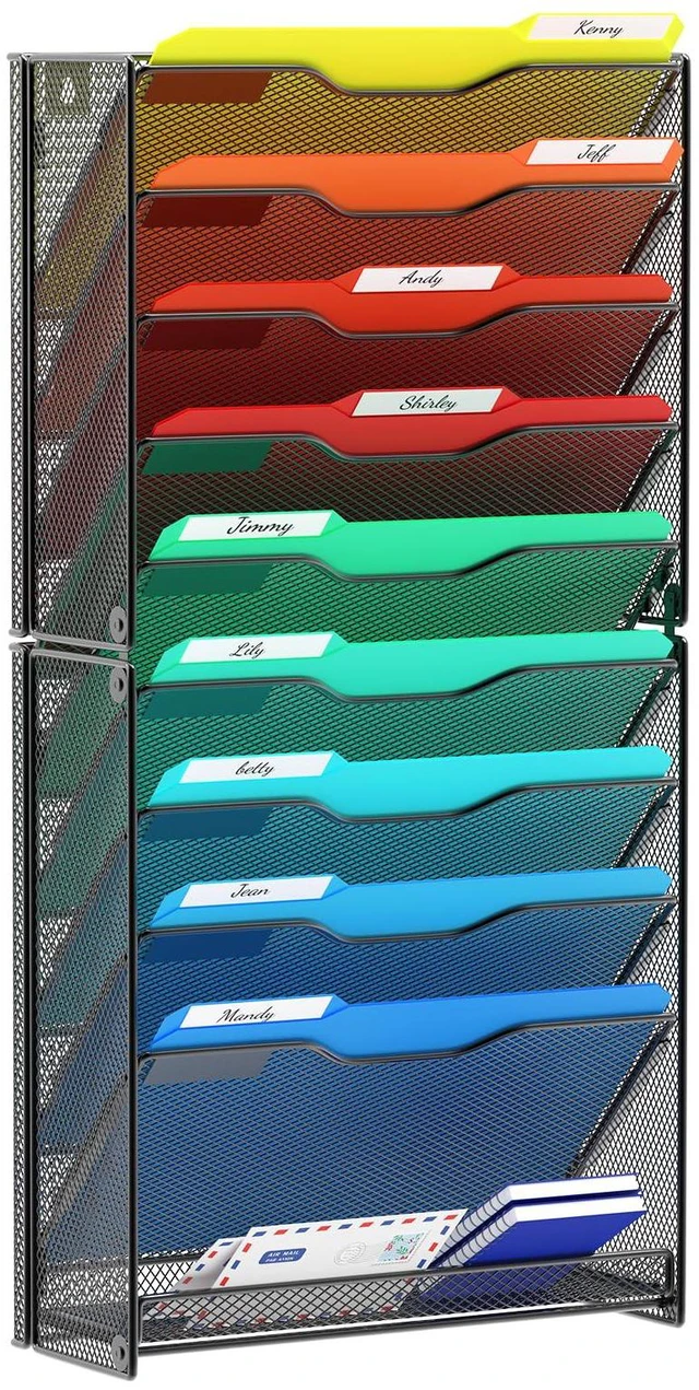 Main image of 10 Tier Wall File Organizer, Hanging Wall Mount File Holder Paper Folder Mail Organizer, Mesh Metal, Black