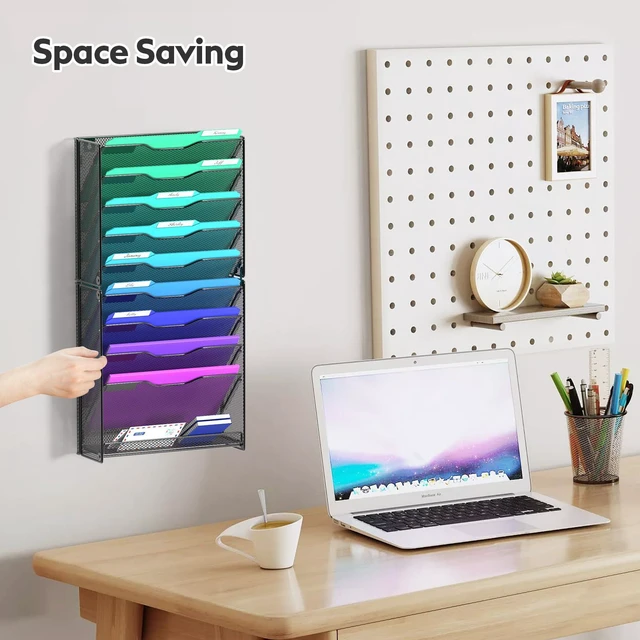 Alt view image 2 of 6 - 10 Tier Wall File Organizer, Hanging Wall Mount File Holder Paper Folder Mail Organizer, Mesh Metal, Black