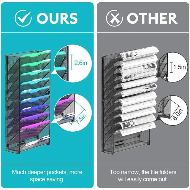 Alt view image 4 of 6 - 10 Tier Wall File Organizer, Hanging Wall Mount File Holder Paper Folder Mail Organizer, Mesh Metal, Black