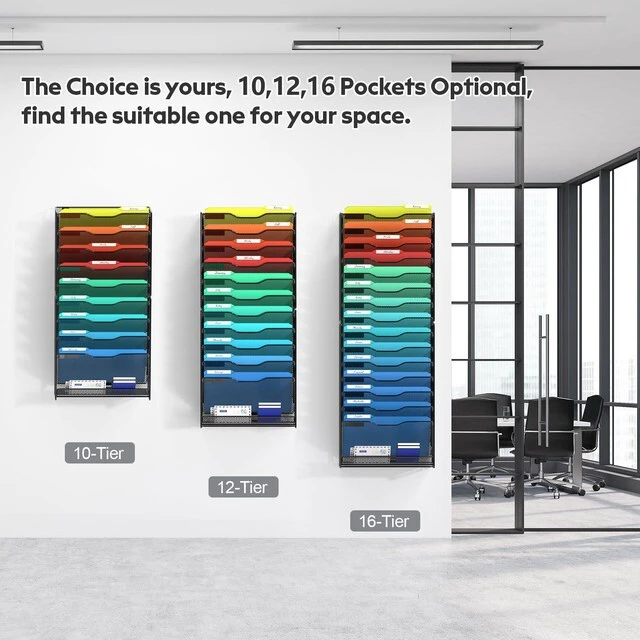 Alt view image 6 of 6 - 10 Tier Wall File Organizer, Hanging Wall Mount File Holder Paper Folder Mail Organizer, Mesh Metal, Black