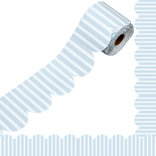 Main image of 52 Ft Coastal Blue Striped Bulletin Board Border, Scalloped Trim Coastal Blue White Striped Paper Roll, Scalloped Die Cut Edge, Back to School Decor for Bulletin Boards and Whiteboards