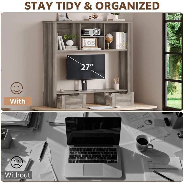 Alt view image 4 of 7 - Monitor Stand Riser, Computer Monitor Riser for Desk 4-Tier Desk Shelf with Storage & Drawer, Desk Organizers and Accessories, for Laptop, Printer, Computer, Grey