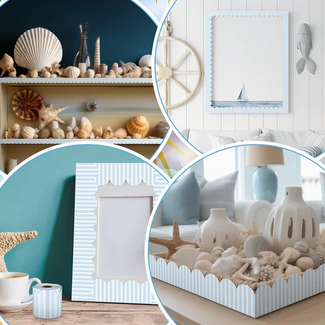 Alt view image 4 of 6 - 52 Ft Coastal Blue Striped Bulletin Board Border, Scalloped Trim Coastal Blue White Striped Paper Roll, Scalloped Die Cut Edge, Back to School Decor for Bulletin Boards and Whiteboards