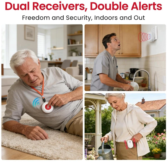 Alt view image 2 of 7 - Wireless Caregiver Pager, 3 Buttons, 2 Portable + 1 Plug-in Help for Seniors at Home; Dual Battery Vibration Alerts; Outlet Sound/Flash Chime; Bedside, Bathroom & Multi-Room Use